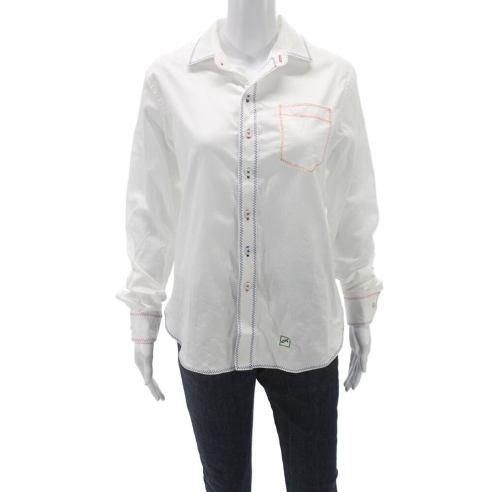 Jonathan Cohen Women White Cotton Collared Long Sleeve Button-Up Basic Size M